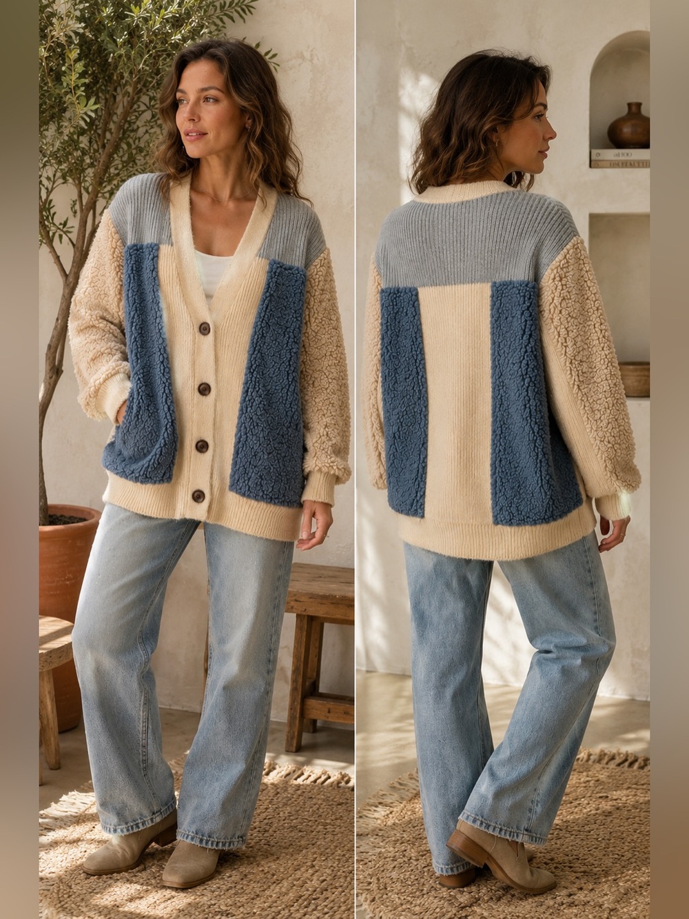 Boundless North Cardigan M Teddy Sherpa Colorblock Wool Blend Oversized Sweater